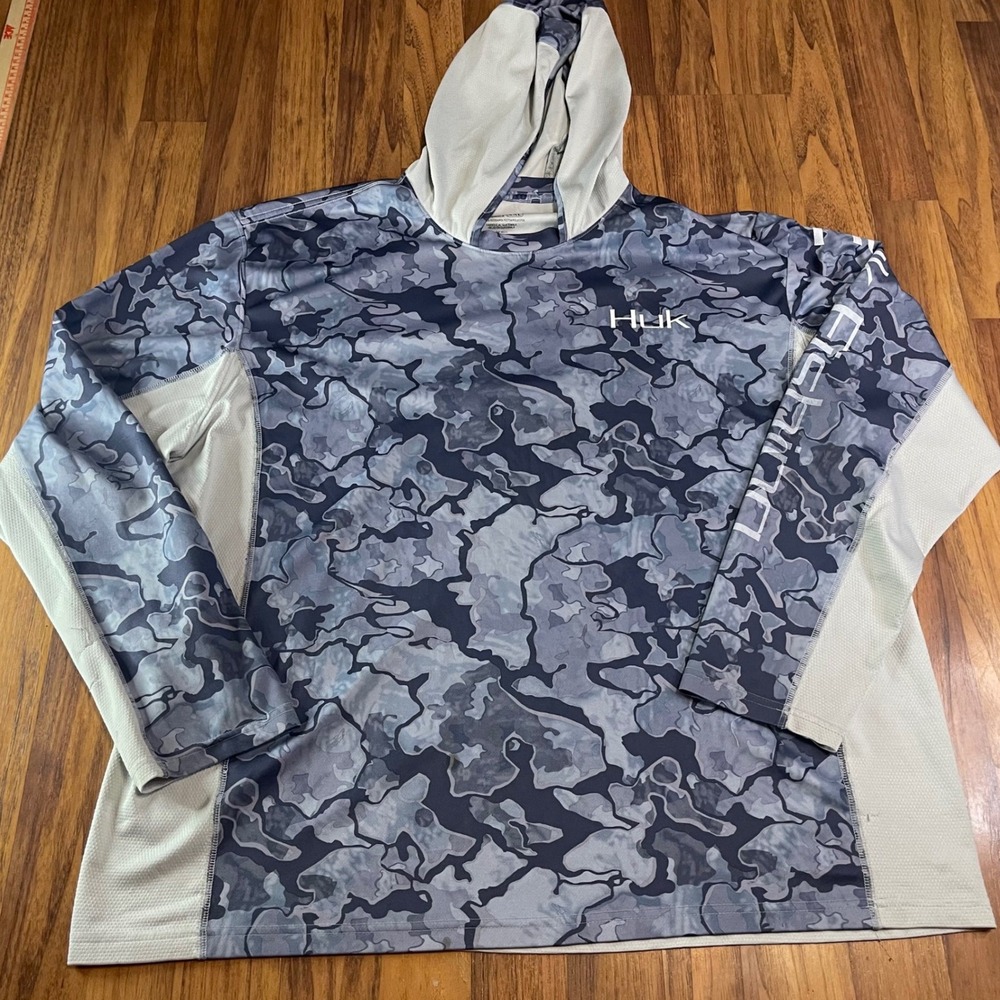 Huk Performance Fishing Hoodie Mens XXL Camo Blue Sun Shirt Mesh Long Sleeve